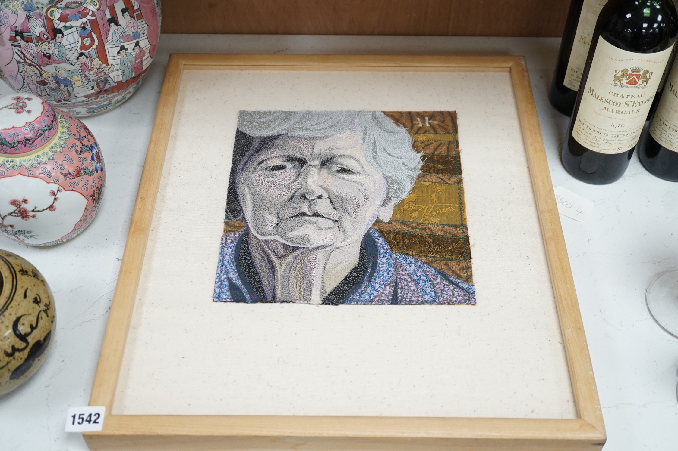 Deidre Scherer (American), needlework panel, 'Finding, Septemer 1994', signed and dated 1994 verso, 27 x 24.5cm